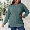 Basic Bae Full Size Ribbed Round Neck Long Sleeve Slit Top - Teal