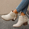 Tassel Point Toe Block Heels Boots - Beige