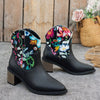 Floral Embroidered Western Ankle Boots - Black