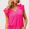 BiBi Layered Ruffles Armhole V-neck Rib Textured Top - FUCHSIA
