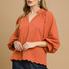Umgee Textured Notched Balloon Sleeve Blouse with Scalloped Hem - Rust