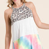 BiBi Leopard and Tie Dye Block Halter Neck Top - IVORY