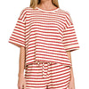 Zenana Striped Short Sleeve Tee & Shorts Set - RUBY