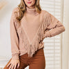 Woven Right Turtleneck Fringe Front Long Sleeve Sweater - Camel