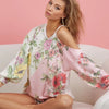BiBi Floral Printed French Terry Color Block Top - IVORY/PINK
