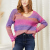 Angel Wings Multicolored Rib-Knit V-Neck Knit Pullover - Purple