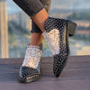Printed Point Toe Block Heels Boots - Black
