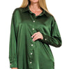 Zenana Satin Button Down Long Sleeve Shirt - DK GREEN