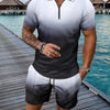 Men's Full Size Gradient Collared Neck Top and Shorts Set Plus Size - Black