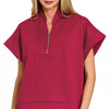 Zenana Scuba High Neck Half Zip Top - CABERNET