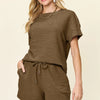Double Take Full Size Texture Short Sleeve T-Shirt and Drawstring Shorts Set - Chestnut