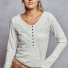 POL Ribbed Half Button Lace Detail Knit Top - Ivory