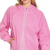 Zenana Fleece Pigment Dye Zip Up Hoodie with Pockets - CANDY PINK