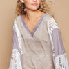 POL Lace Detail V-Neck Flare Sleeve Blouse - Gray