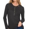 Zenana Ribbed Long Sleeve Half Button Top - BLACK