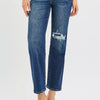 RISEN High Rise Crop Slim Straight Jenas with Hidden Knee Patch - DARK