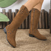 Studded Mid-Calf Boots with Side Zipper Closure - Tan
