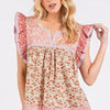 Mittoshop Floral Notched Ruffled Cap Sleeve Blouse - Rose Pink