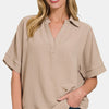 Zenana Texture Collared Neck Short Sleeve Top - Ash Mocha