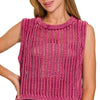 Zenana Acid Washed Fishnet Sweater Vest - CABERNET