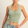 HYFVE Halter Neck Buttoned Washed Top - SAGE GREEN