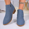 Point Toe Block Heels Boots - Blue