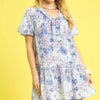 Umgee Floral Ruffled Puff Sleeve Mini Dress - BLUE MIX