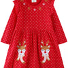Children's Christmas Reindeer Polka Dot Long Sleeve Dress - Red