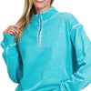 Zenana F/terry Pigment Dye & Enzyme Washing Half Zip Top - ICE BLUE