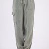 VERY J Washed Woven Crinkle Gauze Drawstring Pants - Sage