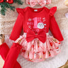 Children's Christmas Ruffled Long Sleeve Top and Skirt Set with Headband - Red