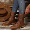 Round Toe Lace Up Block Heels Boots - Brown