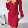 Pearl Trim V-Neck Long Sleeve Bodycon Dress - Red