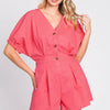 GeeGee Half Button V-Neck Linen Romper - Pink