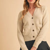 Aemi + Co Ribbed Hem Button Down V-Neck Cardigan - Pearl