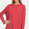 Zenana Full Size Exposed Seam Brushed Round Neck Sweater - Red