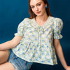 Umgee Lace Detail Bow Print Flounce Sleeve Blouse - BLUE/GREEN