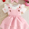 Children's Heart Print Ruffle Trim Bodysuit and Dress Set with Headband - Pink
