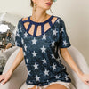 BiBi Vintage Star Print Top With Contrast Caged Neck - DK NAVY