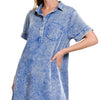 Zenana Tencel Mineral Washed Collared Shirts Dress - CLASSIC BLUE