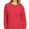 Zenana Ribbed Brushed Melange Hacci Sweater with Chest Pocket - DK RED