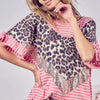 BiBi Stripe Rayon Span Knit Color Block Top With Leopard - BLUSH/IVORY