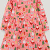 Children's Christmas Print Long Sleeve Dress - Coral