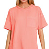 Zenana Raised Rib Exposed Seam Short Sleeve Top - CORAL