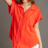 Umgee Full Size Linen Blend Button Down Short Folded Sleeve Shirt Plus Size - Orange