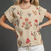 Umgee Embroidered Scallop Sleeve Top with Drawstring Hem - OATMEAL