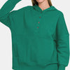 Zenana Half Snap Long Sleeve Hoodie with Kangaroo Pocket - Dark Green