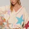 POL V-Neck Long Sleeve Star Fringe Sweater - Pale Beige