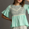 Umgee Floral Lace Trimmed Detail Half Sleeve Babydoll Top - ICE MINT MIX