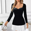 Pleated Hem Sweetheart Neckline Long Sleeve Mini Dress - Black
